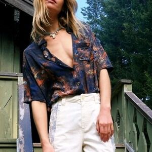 We The Free Free People Navy Floral Viscose Oversized Button Down Shirt XS - M